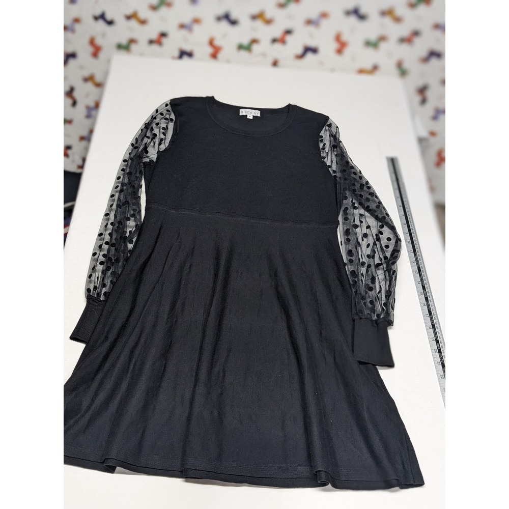 Birch NY Womens Black Knit Fit and Flare Dress Sheer Polka Dot Mesh Sleeve M‎